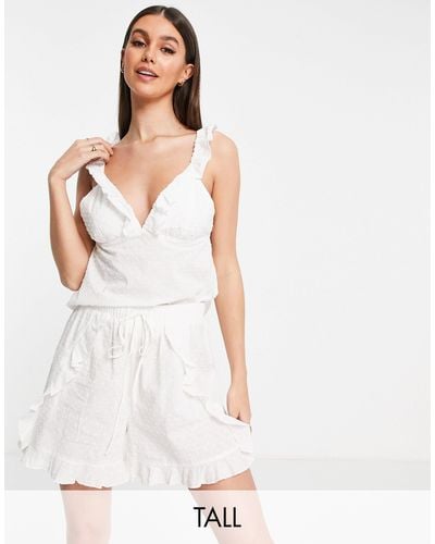 Vero Moda Cotton Dobby Frill Detail Pajama Set - White