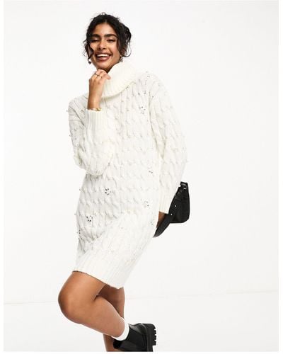 River Island Cable Knit Mini Dress With Pearl Embellishment - White