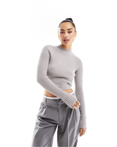 Pull&Bear High Neck Ribbed Cropped Jumper With Tie Back Detail - White