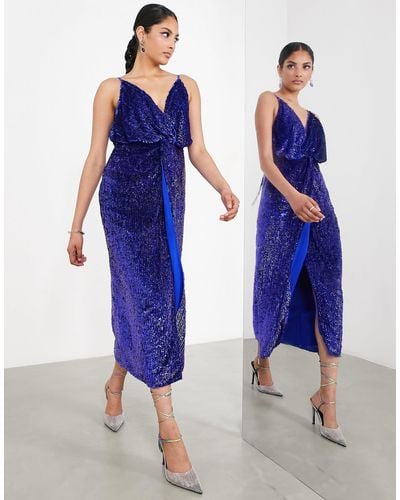 ASOS Sequin Twist Front Cami Midi Dress - Blue