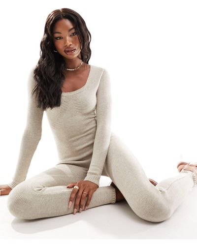 Missy Empire Knitted Long Sleeve Unitard Jumpsuit - Natural