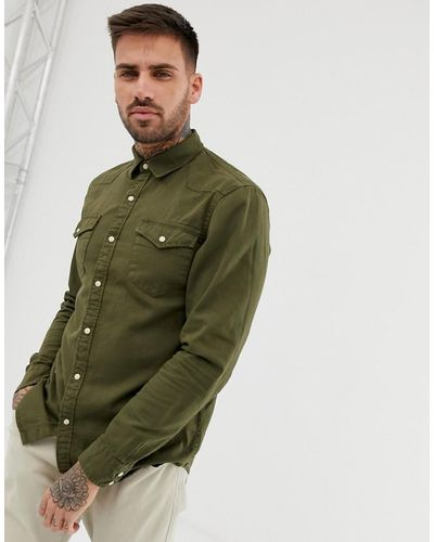 Pull&Bear Denim Overhemd In Olijfkleur - Groen