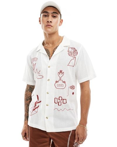 Cotton On Cotton On Relaxed Linen Revere Shirt With Doodle Embroidery (part Of A Set)-white