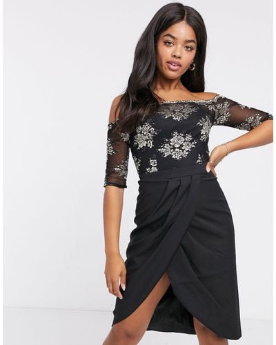 Chi Chi London Contrast Lace Wrap Skirt Dress - Black