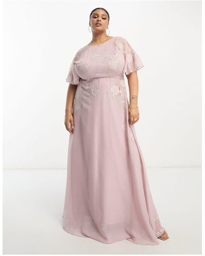 ASOS Asos Design Curve Bridesmaid Angel Sleeve Maxi Dress With Floral Applique - Pink