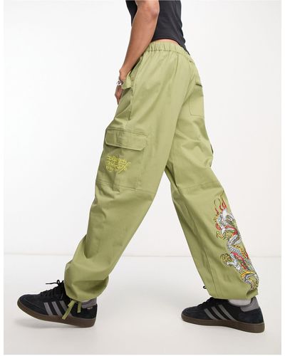 Ed Hardy Relaxed Combat Cargo Trousers With Dragon Emboidery Khaki - Green
