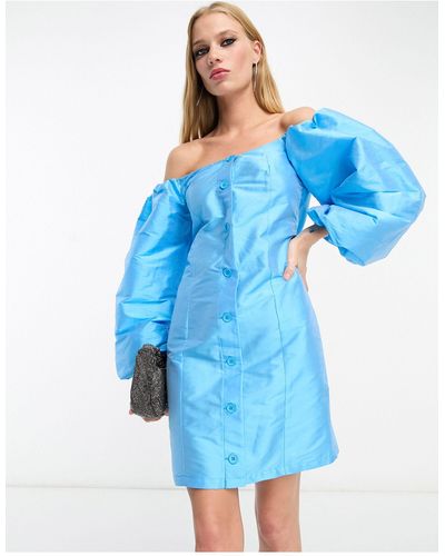 River Island Satin Button Through Puff Sleeve Bardot Mini Dress - Blue