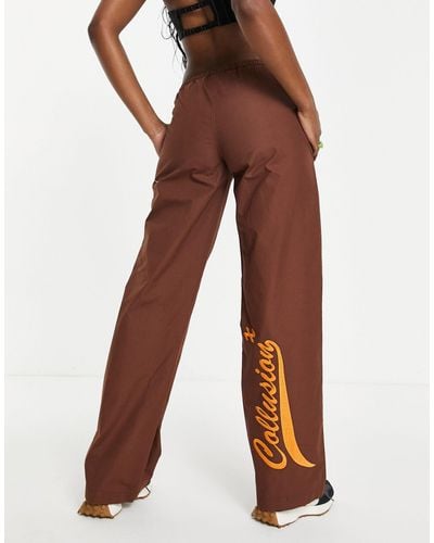 Collusion Low Rise Straight Leg Parachute Trouser With Embroidered Branding - Brown