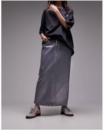 TOPSHOP Silver Foil Denim Midi Skirt - Black