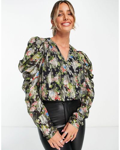 River Island Gedrapeerde Blouse Met Metallic Bloemenprint - Zwart