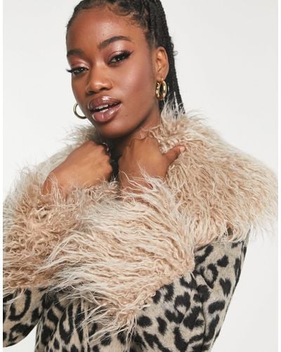 Miss Selfridge Leopard Faux Fur Trim Jacket - Natural