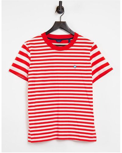 GANT Camiseta a rayas rojas y blancas con logo pequeño - Rojo