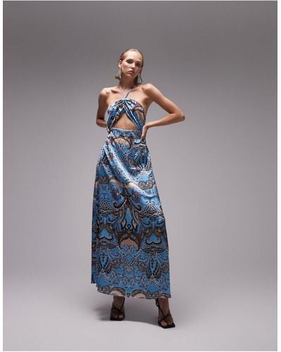 Topshop Unique Paisley Cut Out Halter Maxi Dress - Blue