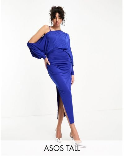 ASOS Asos Design Tall Off Shoulder Grecian Drape Midi Dress - Blue
