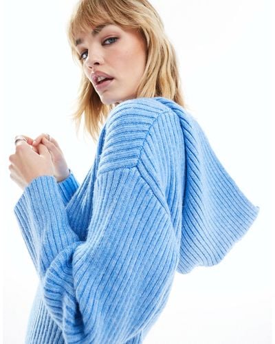 Monki V Neck Knitted Hood Sweater - Blue
