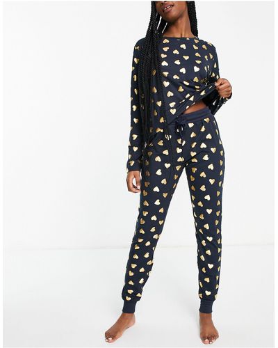 Chelsea Peers Foil Heart Short Button Up Pyjama Set - Blue