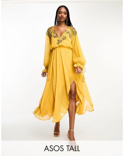 ASOS Vestido midi color mostaza con cintura elástica y detalles florales y enrejados - Amarillo