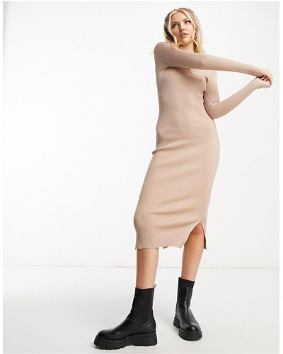 New Look Geribbelde Midi-jurk Met Zijsplit - Wit