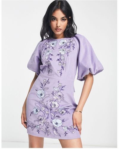 ASOS Tie Back Floral Embroidery Cord Mini Dress - Purple