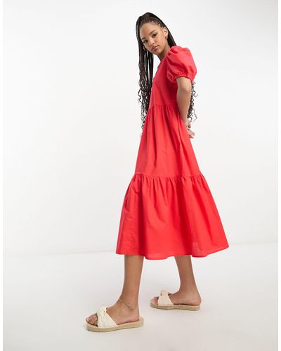 Jdy Exclusive Puff Sleeve Midi Smock Dress - Red