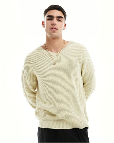 ASOS Oversized Knitted Fisherman Rib Sweater With V-neck - White