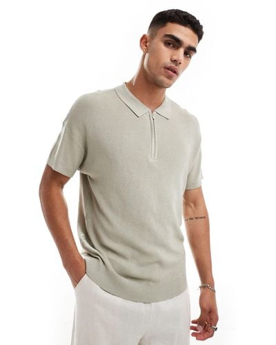 New Look Short Sleeve Zip Up Knitted Polo - Grey
