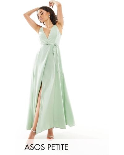 ASOS Asos Design Petite Bridesmaid Satin Wrap Maxi Dress With Tie Detail - White