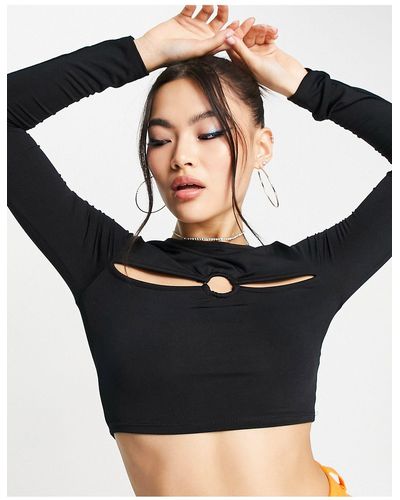 AsYou Ring Detail Cut Out Long Sleeve Top - Black