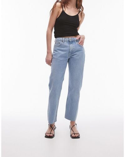 TOPSHOP Cropped Mid Rise Straight Jeans With Raw Hems - Blue