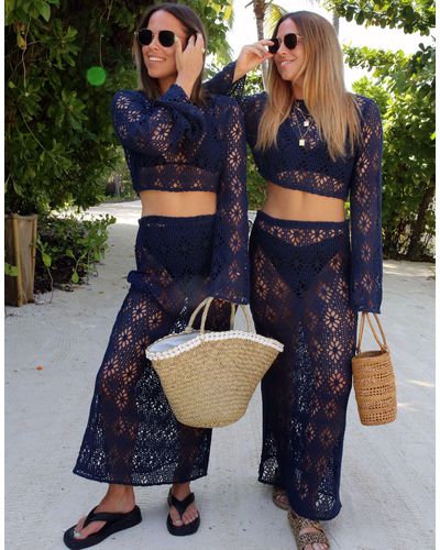 Labelrail X Collyer Twins Crochet Long Sleeve Crop Top Co-ord - Blue