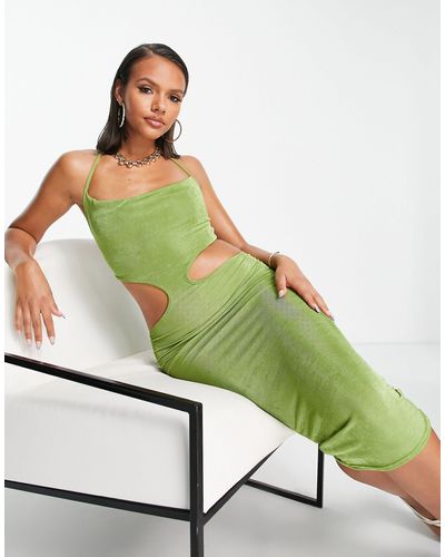 Fashionkilla Vestido midi color con aberturas en la cintura y cuello halter - Verde