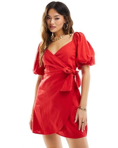 Abercrombie & Fitch Linen Blend Wrap Dress - Red