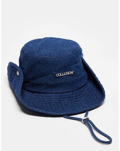Collusion Unisex Washed Denim Bucket Hat With String - Blue
