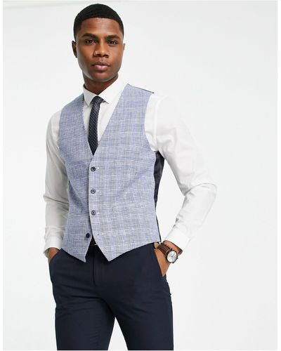 French Connection Linen Checked Waistcoat - Blue