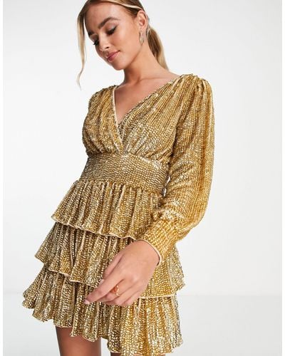 Miss Selfridge Premium Festival Embellished Sequin Tiered Mini Dress With Long Sleeve - Natural