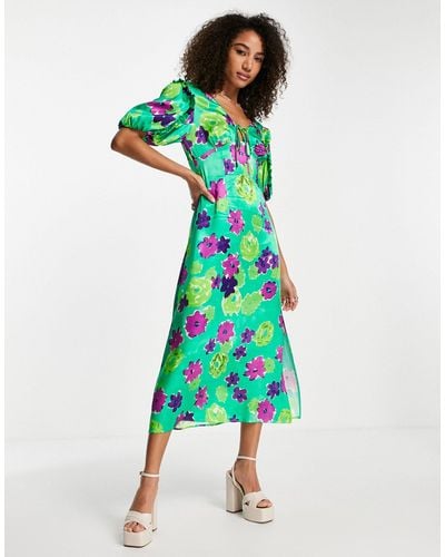 TOPSHOP Graphic Floral Midi Angel Sleeve Dress - Green