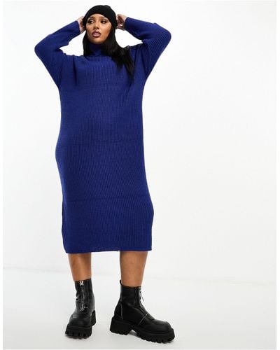 Brave Soul Plus - emma - robe longue en maille à col roulé - électrique - Bleu
