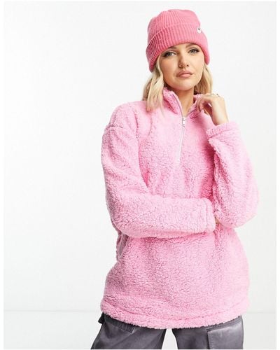 Pieces – pullover aus teddy-fleece mit kurzem reißverschluss - Pink