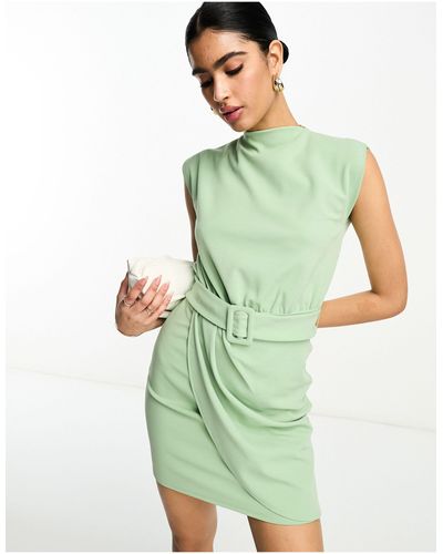 ASOS Sleeveless Mini Dress With Belt And Wrap Skirt - Green
