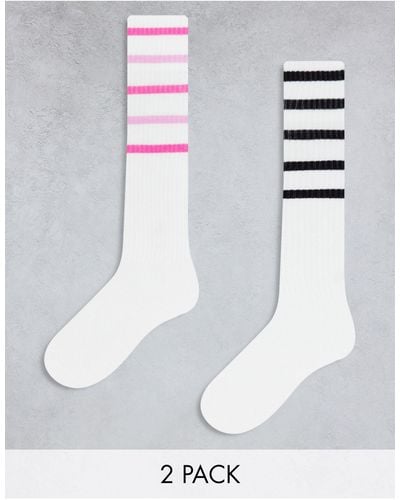 Monki 2 Pack Knee High Socks With Stripes - White