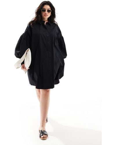 ASOS Asos Design Curve Ultimate Boyfriend Mini Shirt Dress With Volume Sleeve - Black