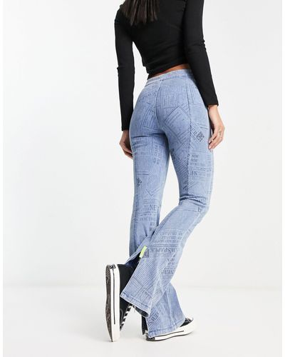Urban Revivo Boot Cut Flare Denim Jeans With Graphic Detailing - Blue