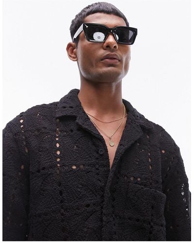 TOPMAN Short Sleeve Crochet Revere Shirt - Black
