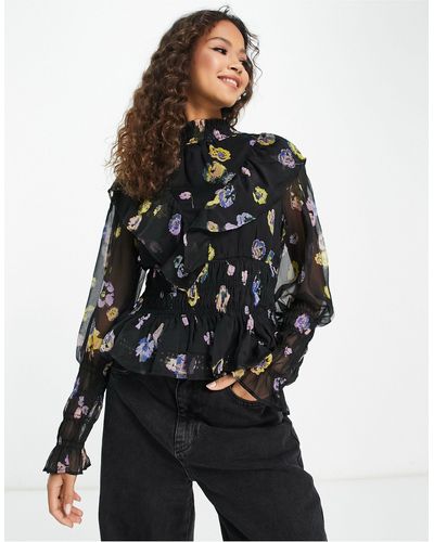 Vero Moda Blusa fruncida con estampado floral - Negro
