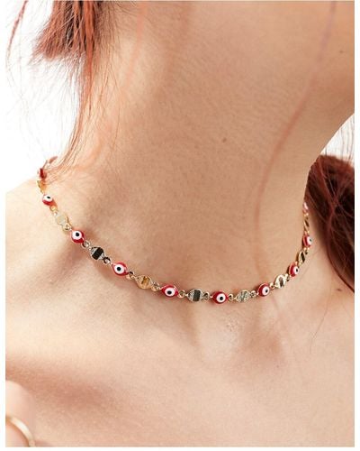 ASOS Necklace With Red Eye Bead And Hammered Disk Design - Natural