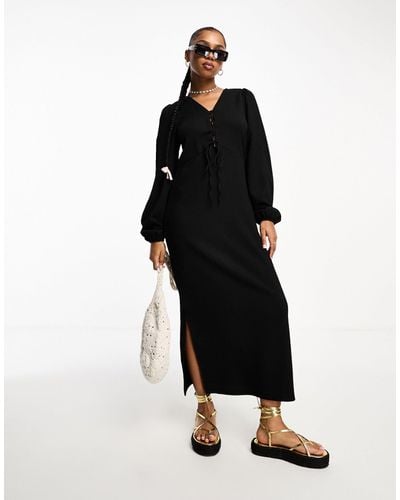 Vero Moda Textured Long Sleeve Maxi Dress With Lace Up Detail - Black