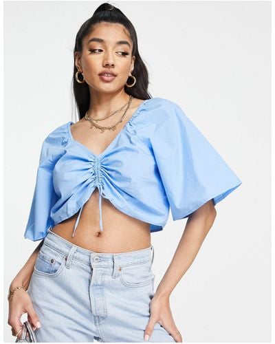 Pieces Poplin Wide Sleeve Ruched Top - Blue