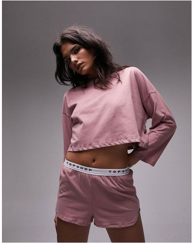 TOPSHOP Pyjama en jersey avec short à logo - mauve - Rose