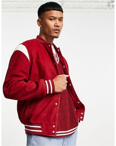 ASOS Suede Varsity Bomber Jacket With Contrast Leather Panels - Red