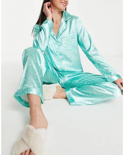 NIGHT Satijnen Lange Pyjamaset Met Sterren - Blauw